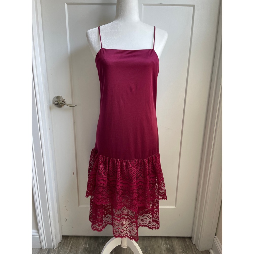 Vtg Y2K Burgundy Satin Slip Dress Tiered Lace Ruffle Drop Waist Dark Coquette
